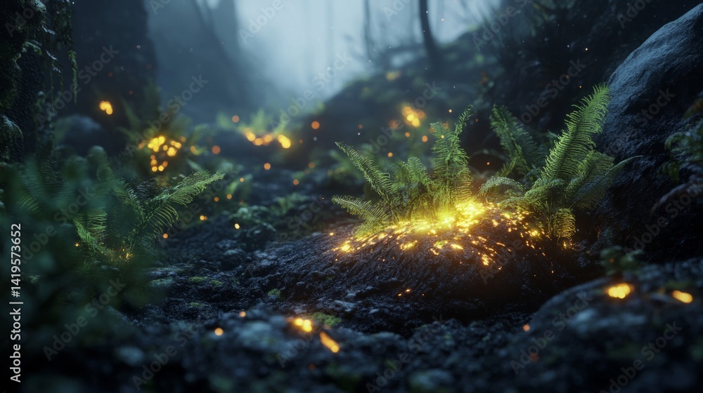 Fototapeta premium Glowing Plants And Embers In A Dark Forest