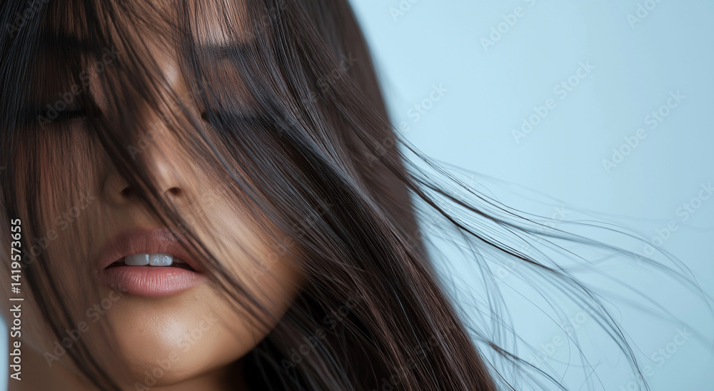 Fototapeta premium Foto em close de uma pessoa com cabelo comprido, isolada em um fundo simples