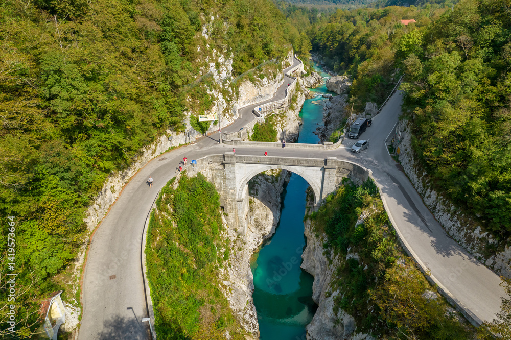 Aerial view of the historical Napoleon's Bridge over the Soca River in Slovenia