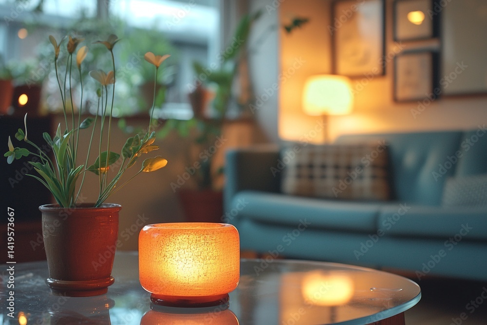 A close-up shot of lighting on a table in the living room of a minimalist interior house. Generative AI