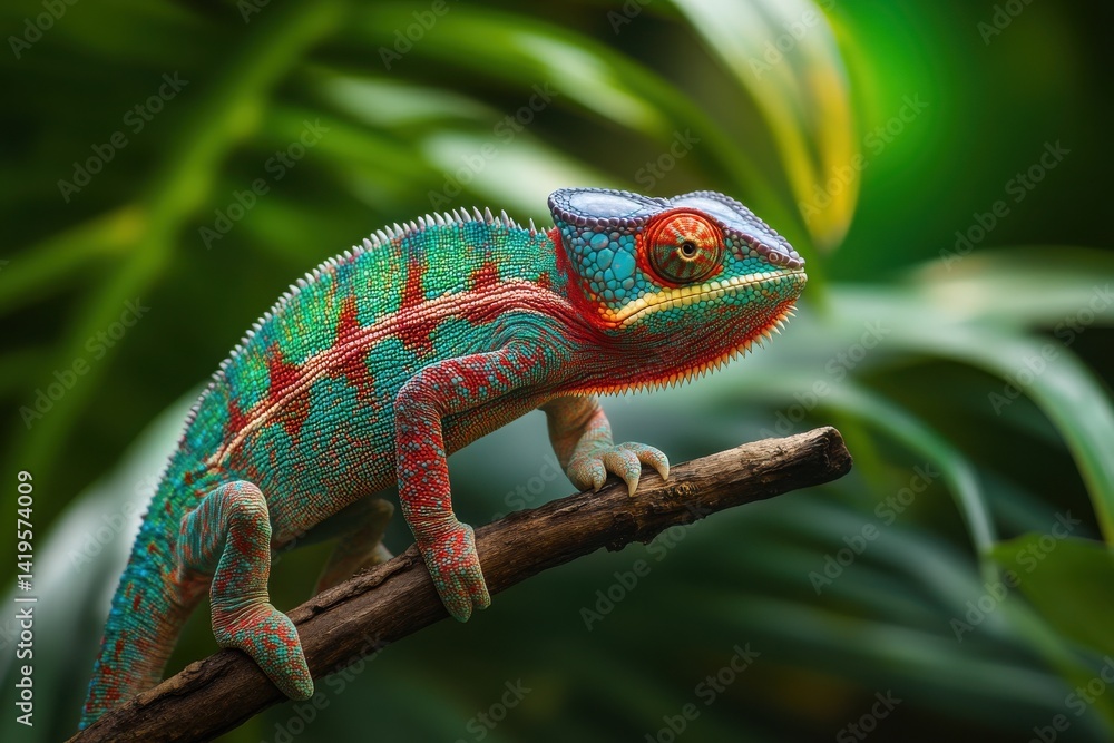 Fototapeta premium A colorful chameleon perched on a branch, blending perfectly with a tropical background.