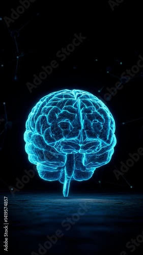  a glowing human brain illustration with a wireframe    on a dark background rotating around its y-axis, resembling a futuristic video concept 