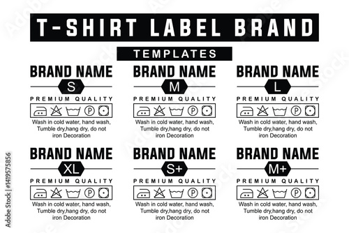 Modern T-Shirt Label Templates. Editable Clothing Size Tags with Washing Instructions and Brand Name Space