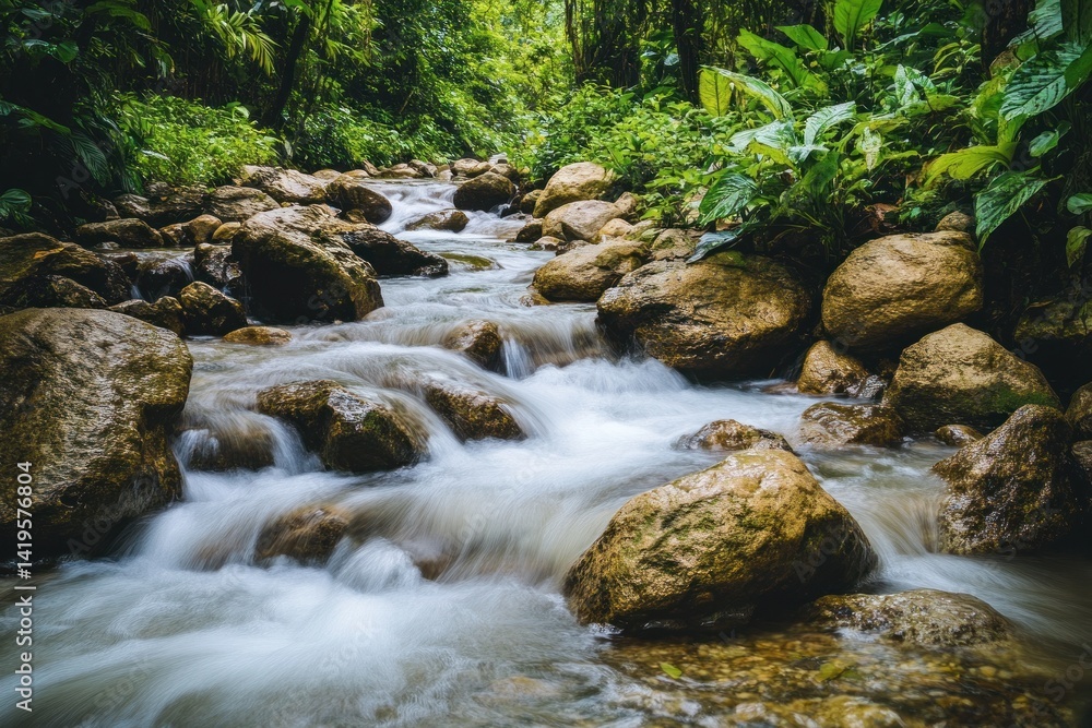 The photograph depicts a flowing river meandering through a lush green forest The photograph depicts a flowing river meandering through a lush green forest