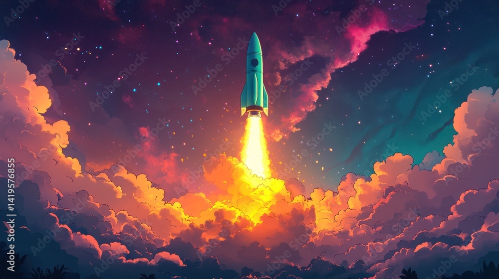 Fototapeta premium Colorful launch scene with lime green cartoon rocket and dreamy fire trail