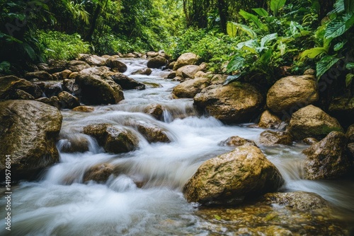 The photograph depicts a flowing river meandering through a lush green forest