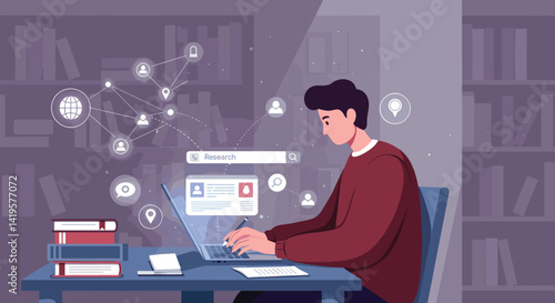 Man Using Laptop in Library