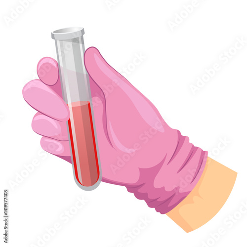 a hand in a pink glove holds a test tube with liquid
