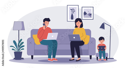 Family on Couch with Devices