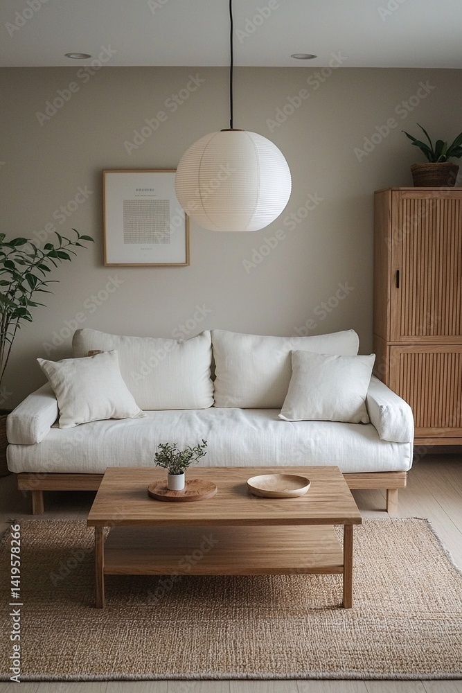 Minimalist, interior design of residential living room with white sofa and wood cabinet. Generative AI