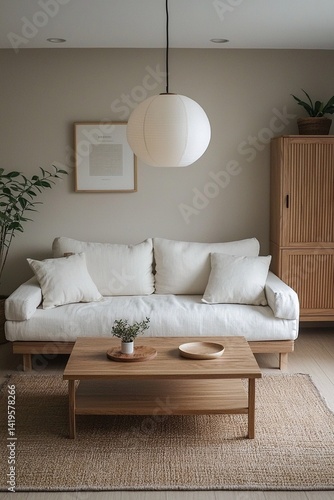 Obraz na płótnie Minimalist, interior design of residential living room with white sofa and wood cabinet. Generative AI
w salonie