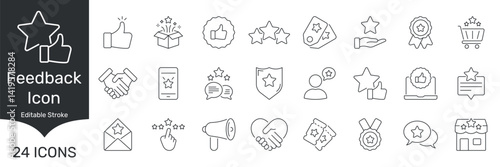 Feedback And Rating Icon Set. Customer Satisfaction, Review, And Quality Assurance Outline Symbol Collection. Editable Stroke. Isolated Vector Illustration