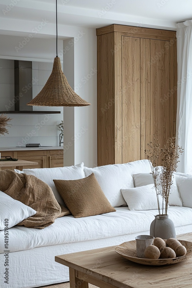 Minimalist, interior design of residential living room with white sofa and wood cabinet. Generative AI