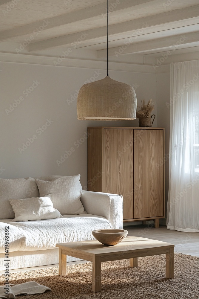 Minimalist, interior design of residential living room with white sofa and wood cabinet. Generative AI