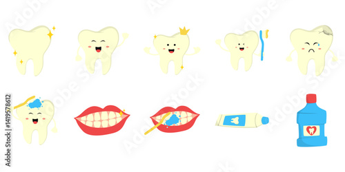Set of dental care illustration. Various mouth and tooth cleaning. Toothbrushes, toothpaste, dental floss, mouthwash. Vector isolated.