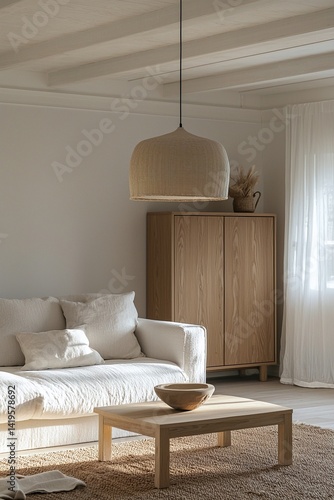 Obraz na płótnie Minimalist, interior design of residential living room with white sofa and wood cabinet. Generative AI
w salonie