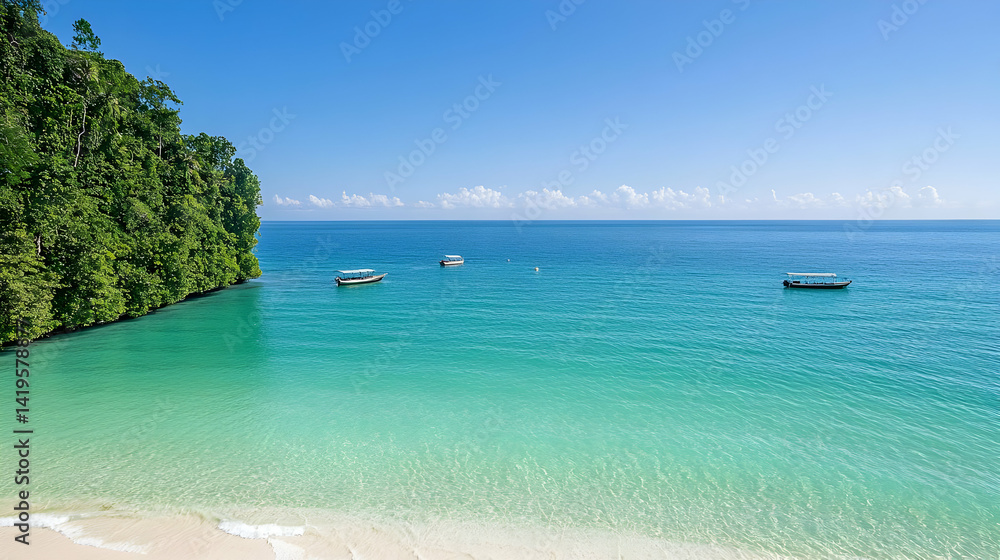 Fototapeta premium Tropical Beach Panorama With Turquoise Water And Small Boats