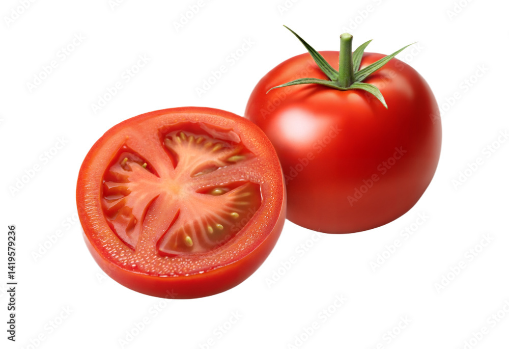 Close Up of a Fresh Red Tomato and Its Juicy Interior on White Background in High Resolution Focused Close Up of a Fresh Red Tomato and Its Juicy Interior on White Background in High Resolution Focused