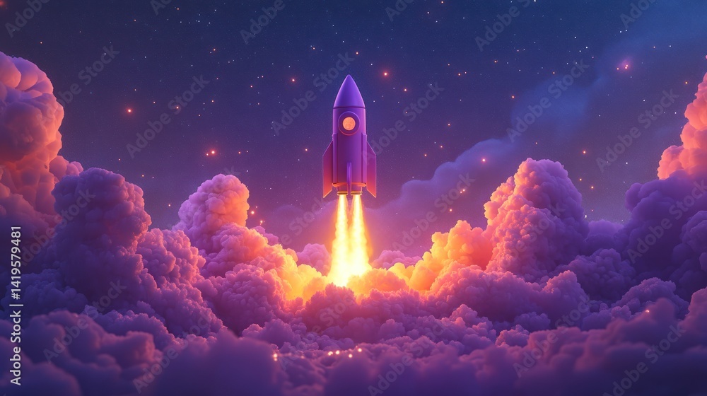 Fototapeta premium 3D rocket with pink and violet color scheme rising from orange clouds and glowing stars