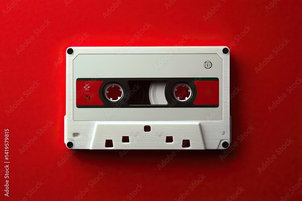 Fototapeta premium White cassette tape on red textured background. AI generated image