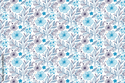 seamless pattern with abstract blue floral line art and minimal rose outlines for pillowcases table top and wallpaper print

