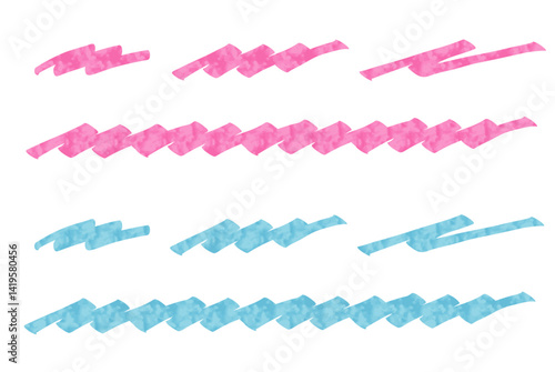 マーカーペンで描いたようなアンダーラインセット：ピンク　ブルー　水彩風