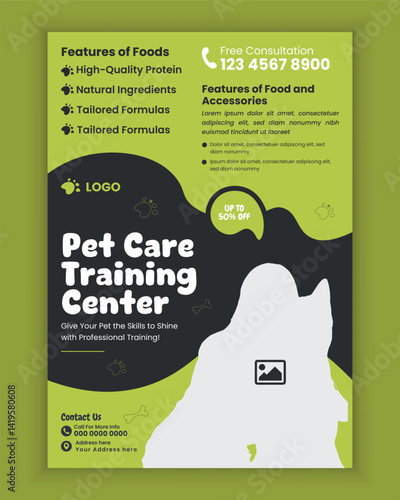 Pet care training center poster and flyer design template, or pet business flyer design, pet adoption event a4 size flyer design template