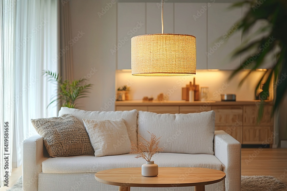Minimalist, interior design of a living room with a white sofa and wood cabinet. Generative AI