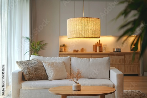 Obraz na płótnie Minimalist, interior design of a living room with a white sofa and wood cabinet. Generative AI
w salonie
