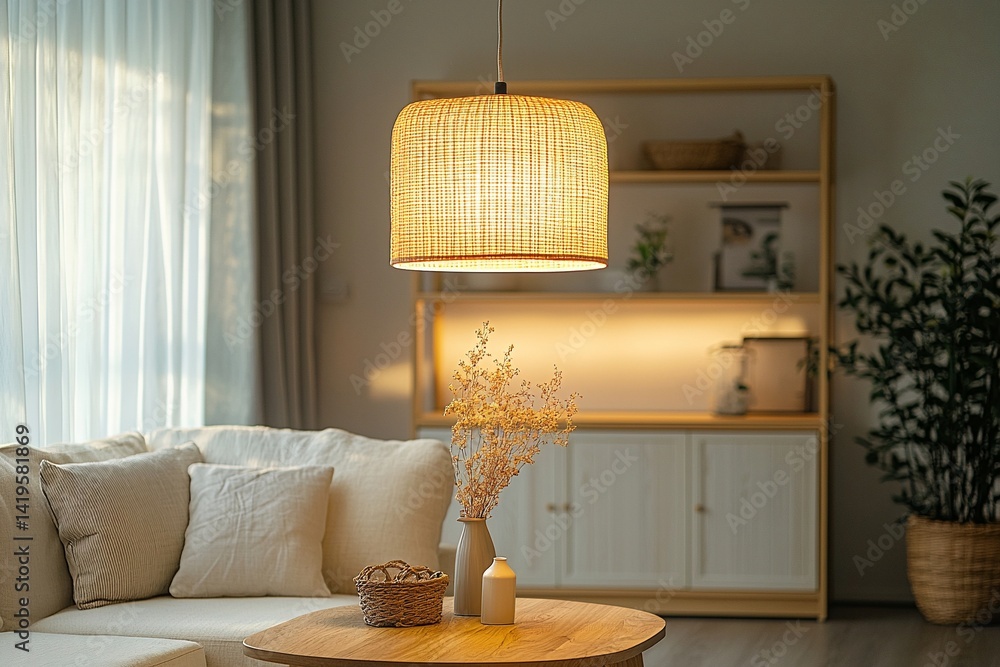 Minimalist, interior design of a living room with a white sofa and wood cabinet. Generative AI