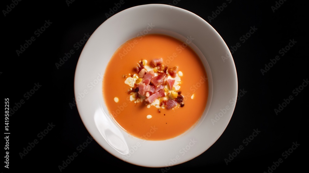Cold Spanish salmorejo soup garnished egg and jamn bits in a shallow bowl overhead food shot on high contrast black and white minimal surface Cold Spanish salmorejo soup garnished egg and jamn bits in a shallow bowl overhead food shot on high contrast black and white minimal surface