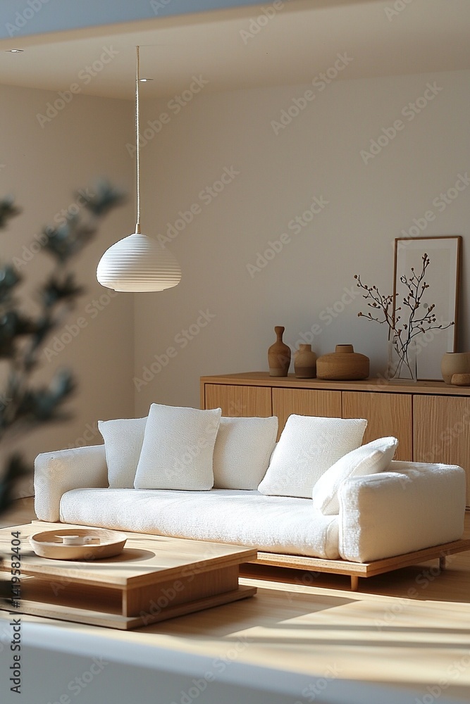 Minimalist interior design in the living room of a house with a white sofa and wood cabinet. Generative AI
