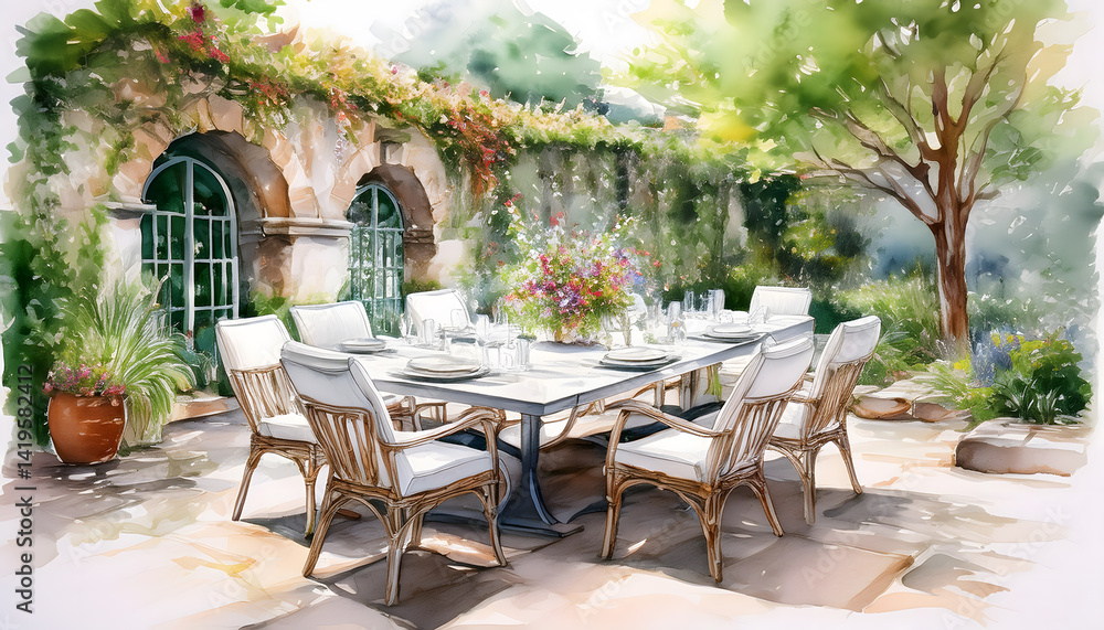 Obraz premium Watercolor painting of an elegant outdoor dining setup in a sun-drenched courtyard