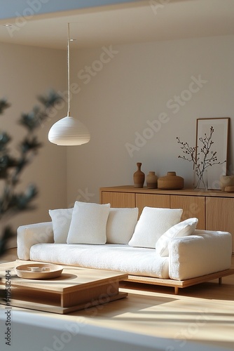 Obraz na płótnie Minimalist interior design in the living room of a house with a white sofa and wood cabinet. Generative AI
w salonie