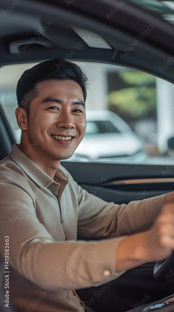 Smiling young man enjoying driving his car, showcasing happiness and confidence. Bright atmosphere in a modern vehicle setting. Smiling young man enjoying driving his car, showcasing happiness and confidence. Bright atmosphere in a modern vehicle setting.