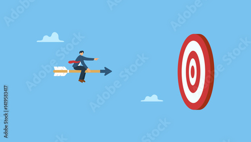Vector illustration of businessman riding an arrow aiming at a target. Flat vector of finding a goal, finding goal, puspose, target, success concept.