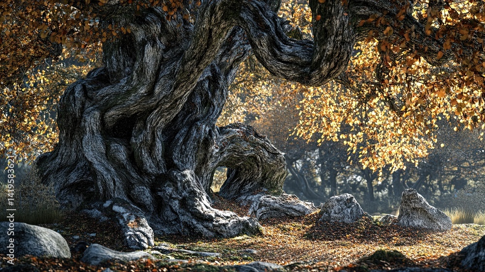 A large, gnarled tree with twisted branches and thick, textured bark, surrounded by fallen leaves. The large, gnarled tree stands with twisted branches and thick bark, A large, gnarled tree with twisted branches and thick, textured bark, surrounded by fallen leaves. The large, gnarled tree stands with twisted branches and thick bark,