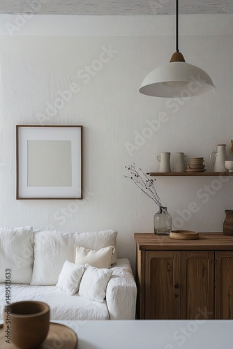 Minimalist interior design in the living room of a house with a white sofa and wood cabinet. Generative AI
