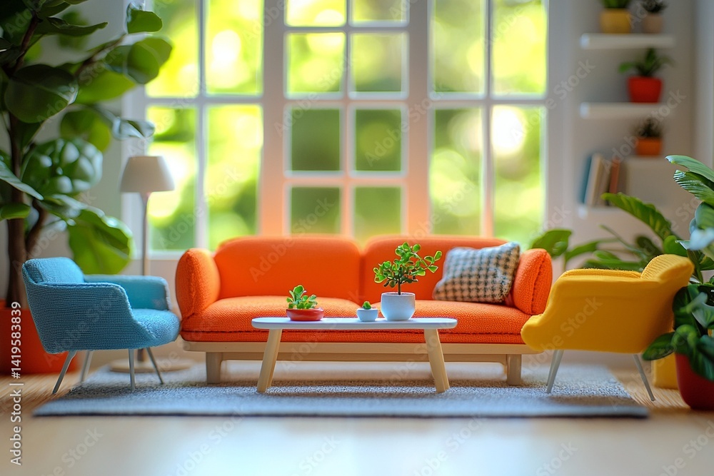 It has a miniature interior with orange sofas and windows. Generative AI