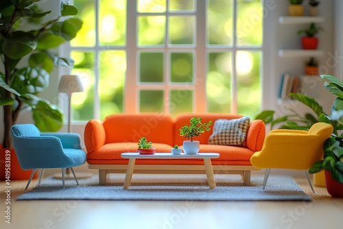 Obraz na płótnie It has a miniature interior with orange sofas and windows. Generative AI
w salonie