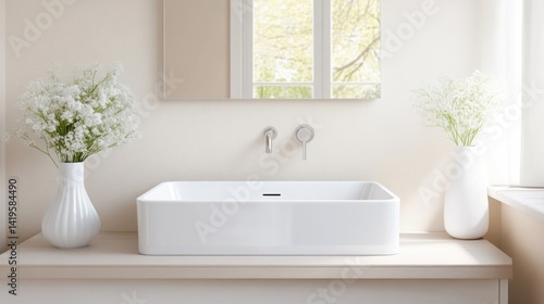 Modern, minimalist bathroom vanity with a crisp white sink and neutral tones.  Small bouquets of white flowers add a touch of natural elegance