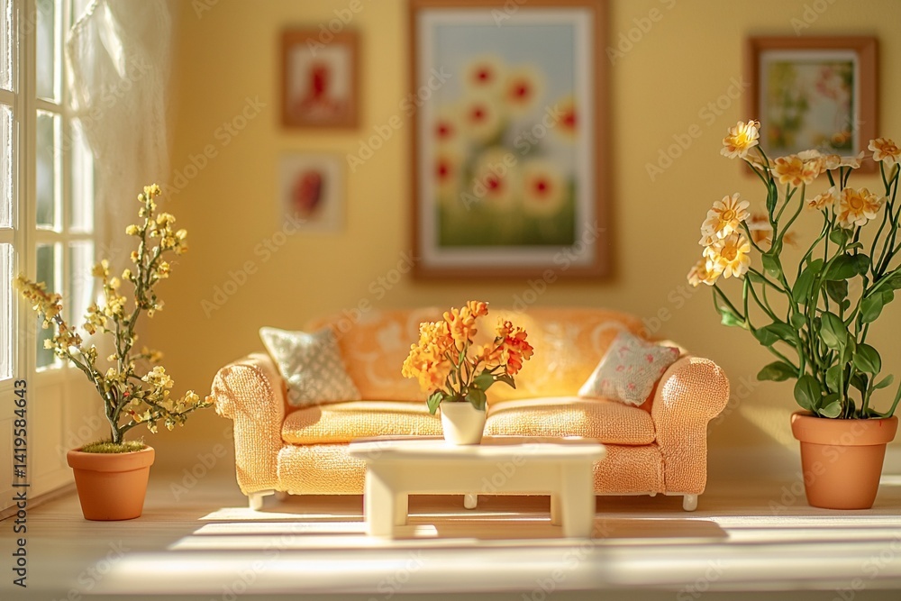 It is miniature in the living room of a house where you can see windows, and sofas and furniture. Generative AI