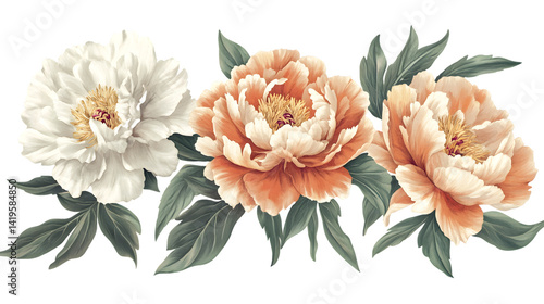 Beautiful Peony Flowers Isolated on White Background