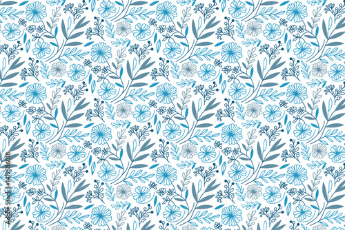 seamless pattern with blue floral line art and continuous cotton flower sketches for trendy kitchen and home fabric

