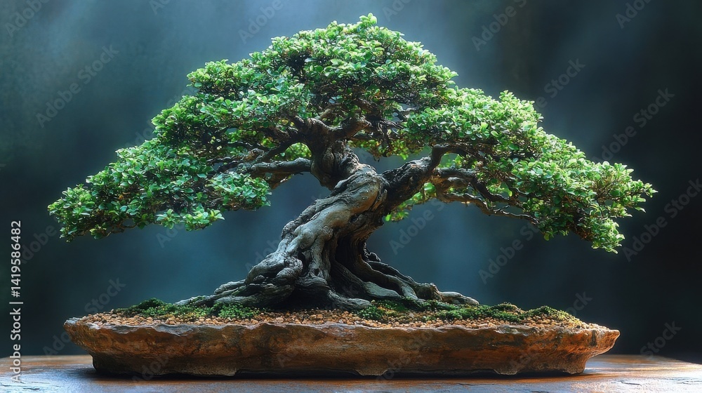 Detailed Bonsai Tree Displaying Green Foliage and Textured Trunk in a Decorative Pot Detailed Bonsai Tree Displaying Green Foliage and Textured Trunk in a Decorative Pot