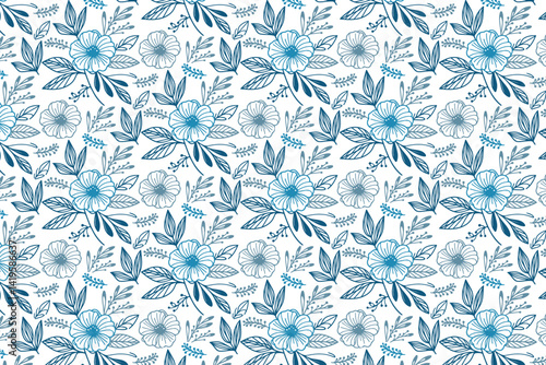 floral line art pattern in seamless blue design with continuous rose sketches for decorative bedsheet and pillowcase printing

