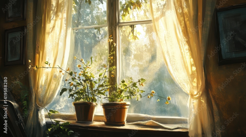 Flowerpots sit on a windowsill illuminated by sunlight and curtains Flowerpots sit on a windowsill illuminated by sunlight and curtains