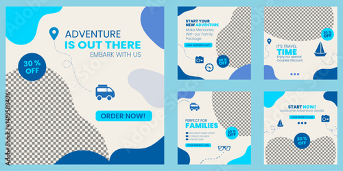 social media template banner travel sale promotion. fully editable square post frame puzzle organic sale poster. blue tosca vector background