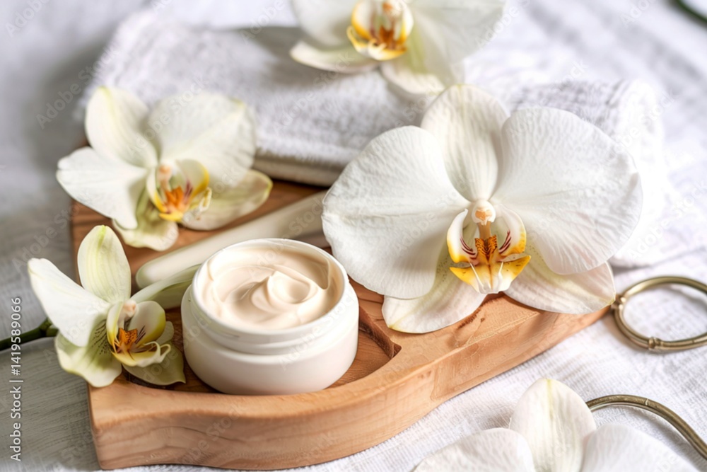Wellness and spa scene with orchids and beauty cream Wellness and spa scene with orchids and beauty cream