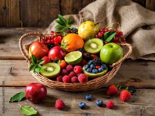 Fresh berries and fruit in a burlap basket on a wooden background